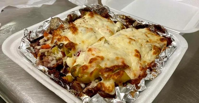 Beef Sandwich with Cheese and Hot Giardiniera Peppers